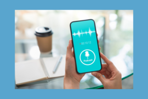 person listening to podcast on phone 
