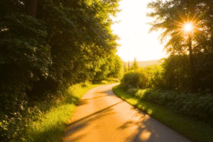 sunrise, winding road, metaphoric image